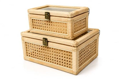 Large Set of 2 BOHO Decorative Rattan Box with a lockable Glass Top Scent Free