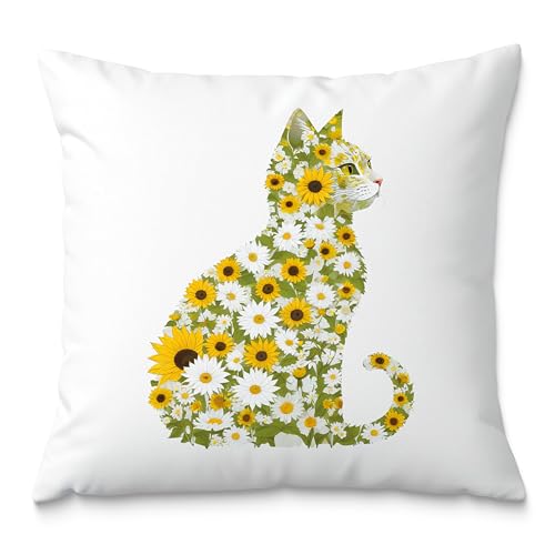 Daisy Floral Cat Pillow Covers 18x18, Gifts for Cat Lovers Mom Lady Owners, Elegant Kitten Kitty Decorative Pillow Covers for Home Bedroom Living Room Decor, Pet Lover Gifts - color: Style17
