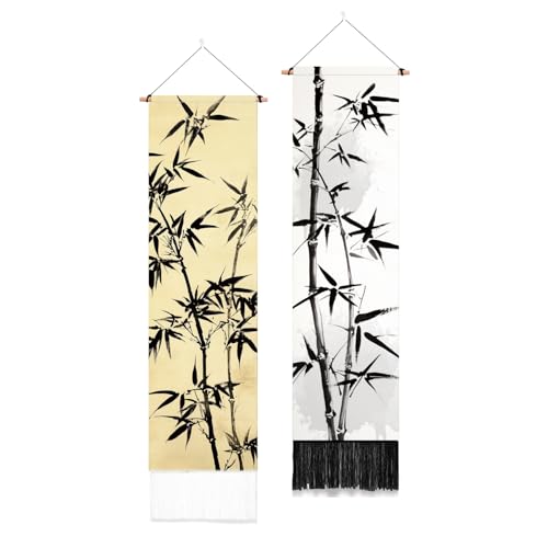 PLIGREAT 2 Pack Bamboo Leaf Tapestry with Tassels, Ancient Bamboo Wall Hanging Home Decor Chinese Art Vertical Wall Tapestry for Bedroom Living Room Long Narrow Home Hanging Decor, 46" x 13" - color: white,yellow