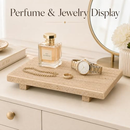 Travertine Pedestal Decorative Tray 13.8 x 6.7 in - color: Beige Travertine-13.8 in