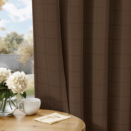 Beauoop Brown Plaid Jacquard Blackout Curtains for Bedroom 52x63 2 Panels - color: Brown, size: 52"W x 63"L (Pack of 2)