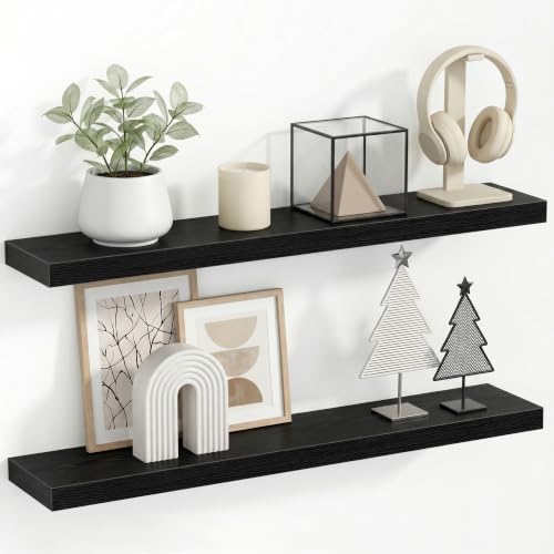 1.5" Thick Floating Shelves for Wall, 36"x6.5" Wall Mounted Shelf, Wall Storage Shelf,No Sag,Easy Install Wood Grain Shelf for Bedroom, Kitchen, Living Room & Hallway,Black,Pack of 2 - color: Black, size: 36"x 6.5"-Pack of 2