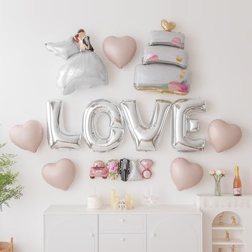 "LOVE" Foil Balloon Kit, Silver Pink Wedding Decorations with Couple & Cake Balloons, Heart Balloons for Engagement, Bridal Shower, Valentine's Day, Anniversary (Love Kit 4) - color: Love Kit 4
