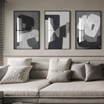 QKF 3Pcs Black White Gray Abstract Geometric Crystal Framed Canvas Wall Art - color: Black, White, Dark Gray, size: 16" X 24" X 3 pieces