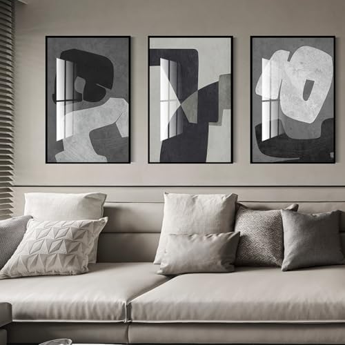 QKF 3Pcs Black White Gray Abstract Geometric Crystal Framed Canvas Wall Art - color: Black, White, Dark Gray, size: 24" X 32" X 3 pieces