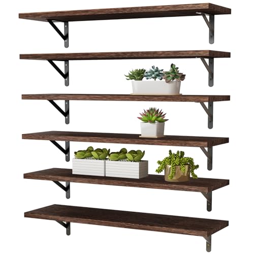 YGEOMER 23.6 in Floating Shelves for Wall Home Decor, Wood, Brown, Set of 6 - color: Brown, size: 23.6 x 6.1 x 0.59 inches