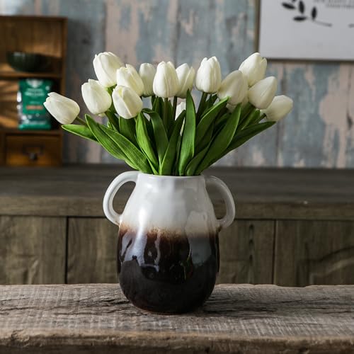 Tanvecle White Grad Ceramic Vase with Handles, 7" Modern Farmhouse Decor - color: White Grad