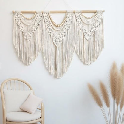 oiikain Large Macrame Wall Hanging, Boho Tapestry Wall Decor, 43 x 32 Inch - color: Beige Wood Beads