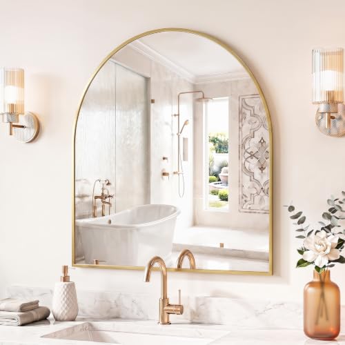 Sweetcrispy 31"x32" Arched Bathroom Mirror, Bathroom Mirrors for Over Sink - color: Gold-arched, size: 32"L x 31"W