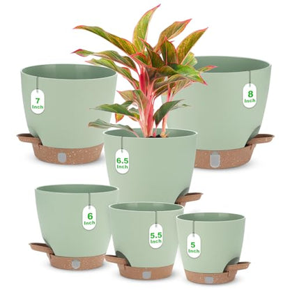 Self Watering Planter Set with Visual Water Level, 6Pack Small Plastic Pot with Drainage Holes and Reservoir Saucers, Modern 8+7+6.5+6+5.5+5 Inch Bottom Watering Flower Pots for Indoor Plant - Green - color: Green-small