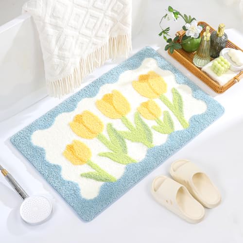 Modern Bathroom Rug Cute Flower Bath Mat Super Absorbent Non Slip Carpet Machine Washable Bath Tub Mat Soft Microfiber Bath Mat for Bedroom, Shower and Kitchen (31"x20", Blue) - color: Blue Flowers, size: 1'8" x 2'8" (Rectangular)