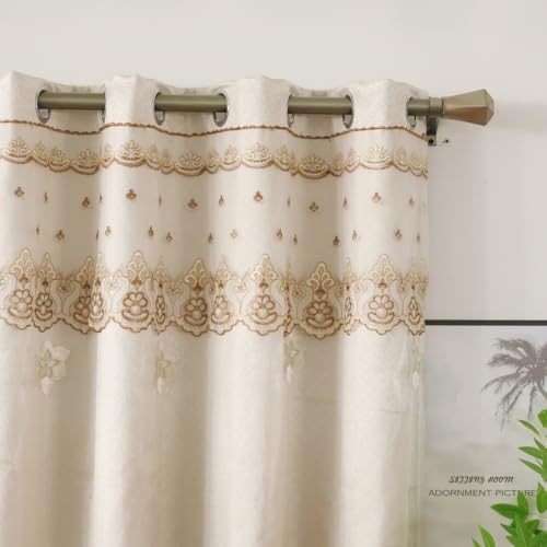 Amidoudou 1 Pair European Double Layer Curtains for Living Room Bedroom Luxury Flower Embroidered Curtains with Valance (Beige,52x96 Inch) - color: Beige, size: 52"W x 96"L (Pack of 2)