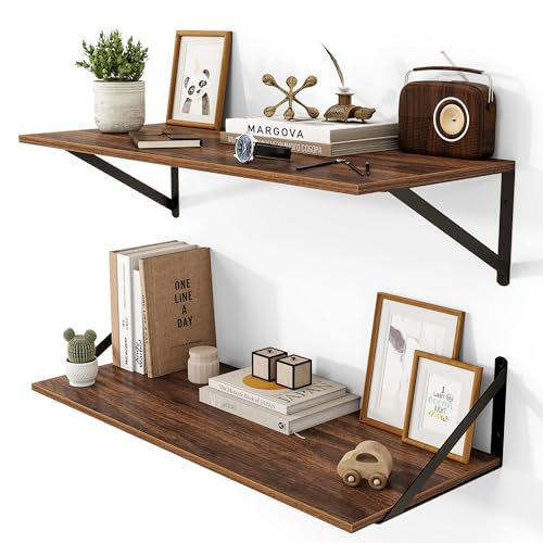 Heimlove 28W x 12D Deep Floating Shelves Set of 2 Walnut - color: Walnut With Black Metal Bracket, size: 28Wx12Dx5.8H
