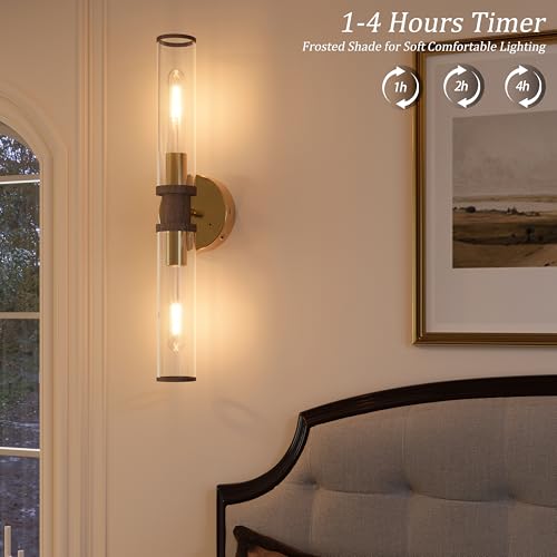 Rayogale Gold & Walnut Wireless Battery Operated Wall Sconces with Remote - color: Gold & Walnut(Clear Tubular Lampshade)
