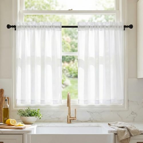 NICETOWN 4 Panels Privacy Sheer Cafe Curtains 26 x 30 Inches, Light Filtering Heavyweight Fabric Room Brightening & Opaque Kitchen Curtains, Non-See-Through Drapes with Rod Pocket Design, Pure White - color: Pure White, size: 26"W x 30"L (Pack of 4)