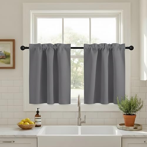NICETOWN Short Blackout Curtains for RV Camper, Kitchen Window Shades 36 inch Long for Over Sink, Thermal Insulated Rod Pocket Curtain Panels for Bathroom Office, 1 Pair, Grey, 34W x 36L - color: Grey, size: 34"W x 36"L (Pack of 2)