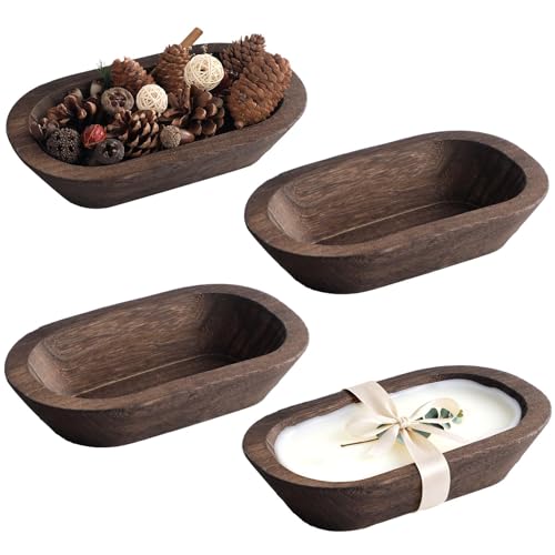 4 Pack Dough Rustic Wooden Bowls for Candle 8.5 Inch Rustic Vintage Bowl Bulk Hand Carved Paulownia Decorative Bowls or Table Decor Candle Wedding Crafts Home Diy Making Potpourri Catch