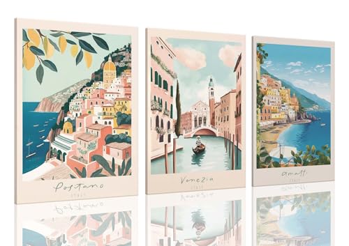 XLARTMY Italy Amalfi Coast Travel Posters Wall Art Framed Canvas Decor City Landscape Blue Venice Coast Painting Beach Modern Artwork for Living Room Bedroom Bathroom Office Set of 3 12x16in - color: Travel Coast, size: 12x16in Canvas