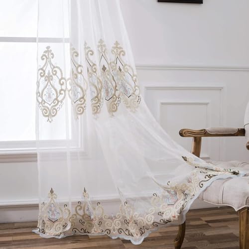 VOGOL Embroidered Sheer Curtains 84 inches Long Grommet Window Treatment Voile Panel Drape for Living Room Kichen, Two Panels, W54 x L84 inch - color: C2, size: 54"W x 84"L (Pack of 2)