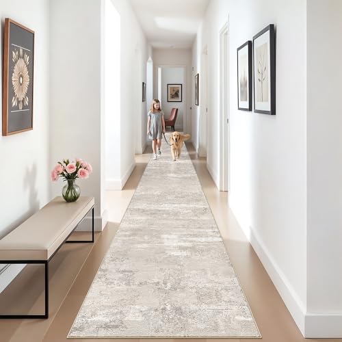 Washable Abstract 3x25 Runner Rug - Extra Long Hallway Runner Rug 25 ft Non Slip Stain Resistant Carpet for Entryway Living Room Stair Indoor Modern Home Decor Low Pile Mat 3x25 Beige - color: Beige, size: 3' x 25' (Runner)