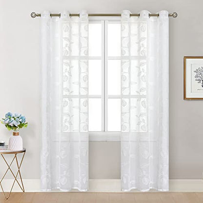 BGment White Sheer Curtains 95 Inches Long Living Room 2 Panels - color: White-leaf, size: 42"W x 95"L (Pack of 2)