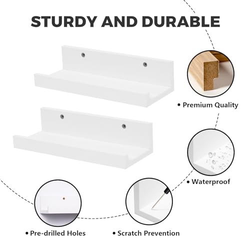Muzilife 12" Small Floating Shelves Wood Wall Shelf with Lip, 2Pcs, White - color: White, size: 12"