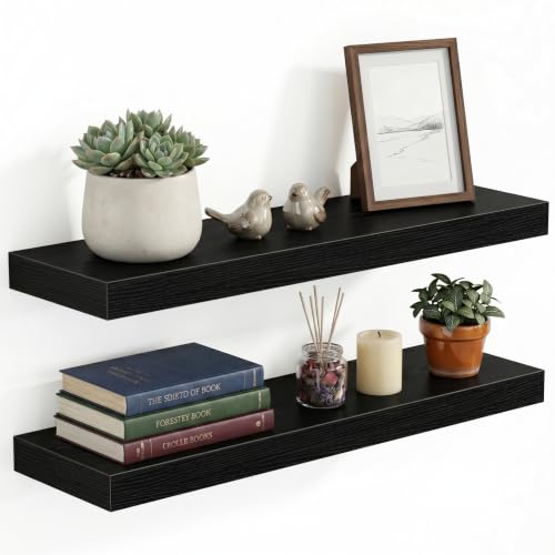 1.5" Thick Floating Shelves for Wall, 24"x6.5" Wall Mounted Shelf, Wall Storage Shelf,No Sag,Easy Install Wood Grain Shelf for Bedroom, Kitchen, Living Room & Hallway,Black,Pack of 2 - color: Black, size: 24"x 6.5"-Pack of 2