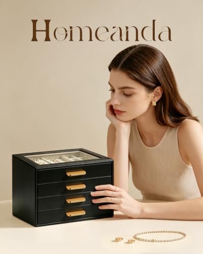 Homeanda Jewelry Boxes Organizer with Glass Lid, 4-Layer PU Leather, Black - color: Black, size: 4 Layer