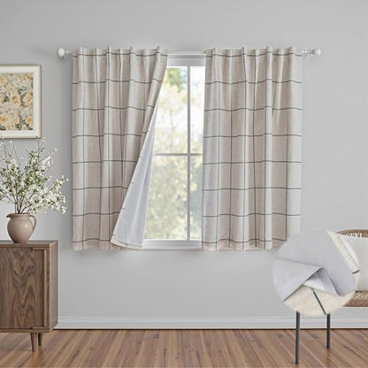 MYSKY HOME 100% Blackout Plaid Farmhouse Linen Curtains 54 Inch Long 2 Panels Set for Small Window Double Layer Windowpane Drapes Thermal Insulated Privacy Protection Back Tab, 52" W, Deep Grey - color: Deep Grey, size: 52"W x 54"L (Pack of 2)