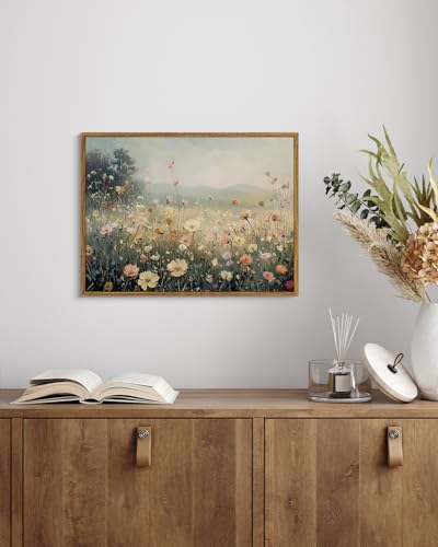 WHASAYART Vintage Wildflower Framed Wall Art Rustic Canvas Wall Decor 12x16 - color: Flower Field, size: 16"L x 12"W