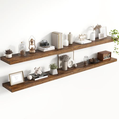 Acovy 72 Inch Floating Shelves, 8 Inch Deep Floating Shelves for Wall, Hanging Shelf with Invisible Brackets, Deep Shelves for Bathroom, Bedroom, Living Room, Brown, Set of 2 - color: Brown, size: 8"Wx72"L-2pcs