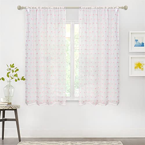 MYSKY HOME Pink Pom Pom Sheer Curtains for Girls Bedroom 54 Inch 2 Panels - color: Pink Pom Pom, size: 50"W x 45"L (Pack of 2)