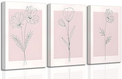 LAJDXSX 3 Pieces Minimalism Botanical Canvas Wall Art - color: Pink Flowers, size: 16x24in-Canvas