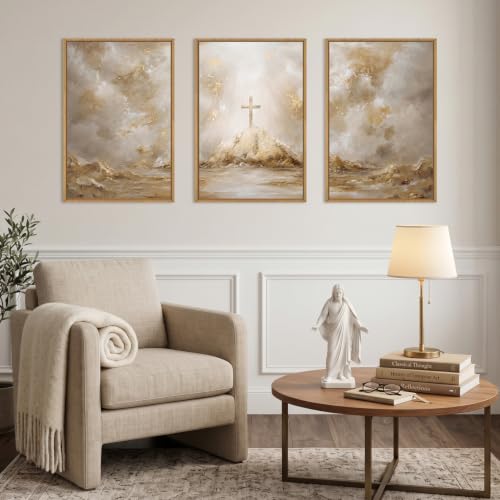 FWIEXA Abstract Christian Jesus Cross Canvas Wall Art Set 3,Gold Texture Religious Mountain Framed Print,Bible Verse Painting,16x24In Neutral Scripture Faith Cross Artwork for Living Room,Bedroom,Church - color: Religion Christ Cross, size: 16"L x 24"W