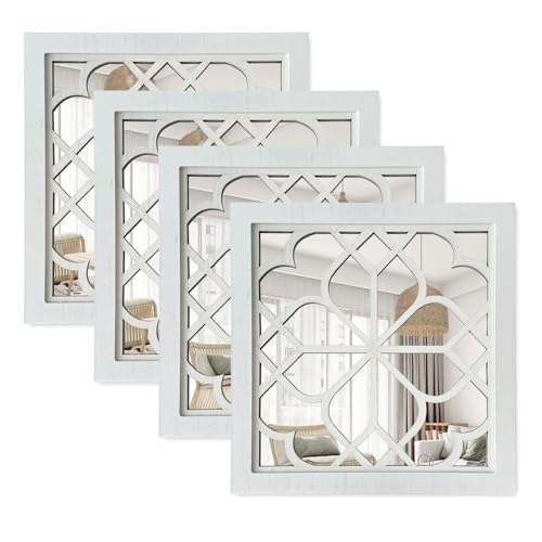 ZEXUIRU 4 Set Rustic Wall Mirrors for Bedroom Bathroom Living Room Entryway Wood Farmhouse Square Easy to Hang Framed Decorative Accent Hanging Wall-Mounted Mirror Set for Living Room -White - color: White Set 4