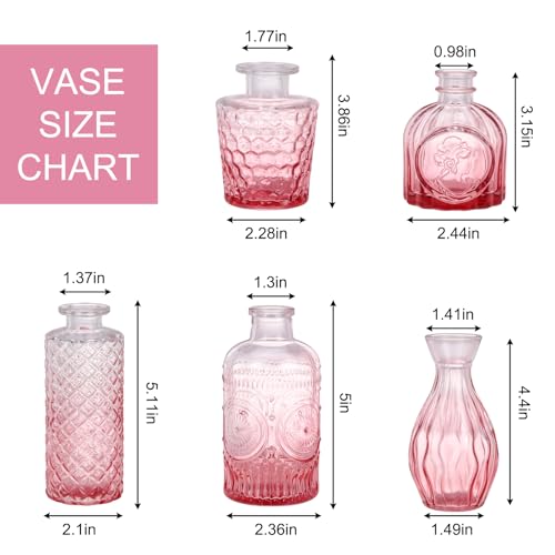5pcs Pink Glass Bud Vase Set, Small Flower Vases for Centerpieces in Bulk - color: Pink, size: 5pcs