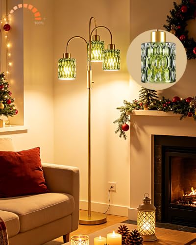 Green Glass Floor Lamp 3-Light 70" Gold Dimmable Modern Tall Standing Lamps - color: Green Cylinder-Gold