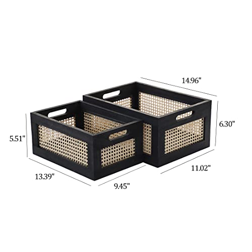 Wicker Wood Storage Baskets with Handle, Set of 2, Black - color: Black, size: Large & Small (Set of 2)