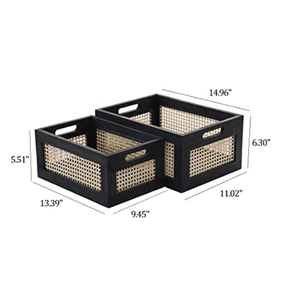 Wicker Wood Storage Baskets with Handle, Set of 2, Black - color: Black, size: Large & Small (Set of 2)