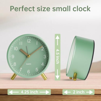 JALL Analog Alarm Clock, 4 inch Super Silent Non Ticking Small Clock with Night Light, Battery Operated, Simple Design, Easy Setting for Office, Bedroom, Bedside, Desk, Teens, Elders, Adult, Green - color: Deep Green