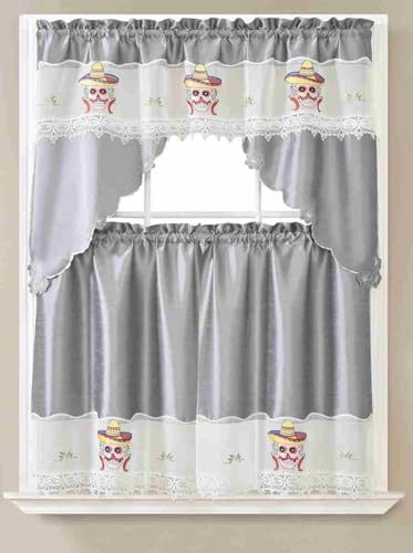 Generic 3-Piece Set Embroidered Window Curtain 2 Panels 1 Valance for Kitchen Restaurant Bar BR (Silver BR-48) - color: Silver Br-48