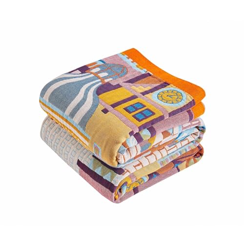 Boho Throw Blanket 100% Cotton Muslin Woven Blanket Bohemian Bed Throws Vintage Rustic Farmhouse Decor Reversible Bed Blanket Quilt for All Seasons（Pink 60"x80"） - color: B-pink Town, size: Twin-60"x80"