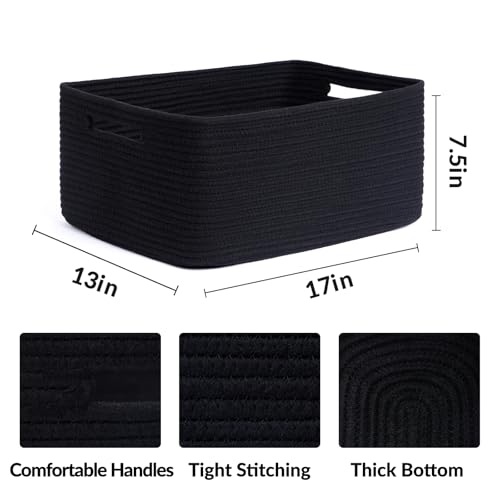 MiniArk Large Storage Baskets for Shelves, 17 x 13 x 7.5” Closet Organizers Bins for Clothes Blanket Towels, Baby Nursery, Toy Baskets Box, Woven Rope Baskets, 3 Packs Black - color: Black, size: 3pcs-L17×W13×H7.5"