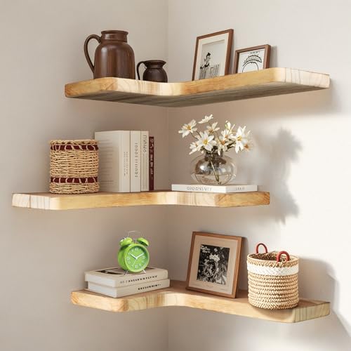 Floating Corner Shelves Set of 3, Solid Wood Picture Wall Shelf, Floating Shelves for Storage for Bedroom Kitchen Bathroom Living Room (Light Burnt) - color: Light Burnt
