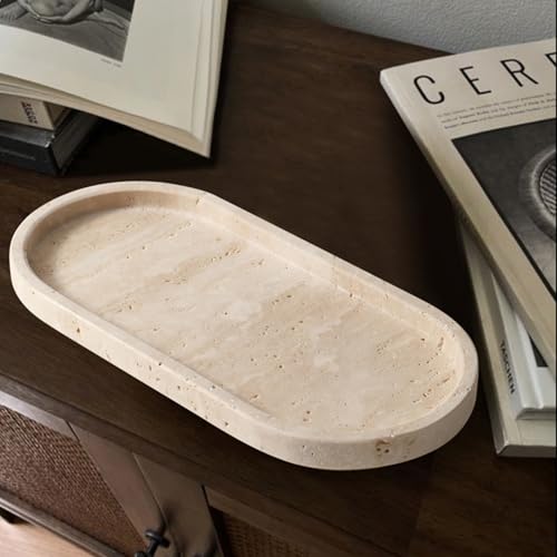 CHISELED ST DF SK Natural Travertine Oval - 10x5 Inch Bathroom and Vanity Marble Small Tray for Soap Bottle, Perfume, Aromatherapy and Jewelry Accessories - Countertop Tray with Non-Slip Raised Base
