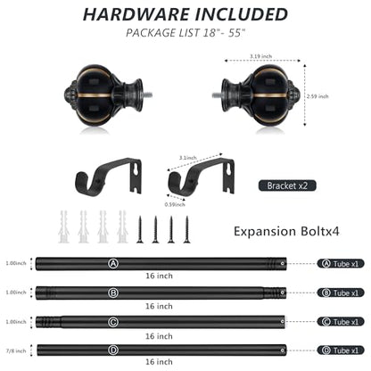 Ceramic Curtain Rods for Windows 18 to 55 Inch 1 Inch Adjustable - color: Black Black, size: 18"-55"