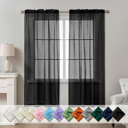 Black Sheer Curtains 72 Inches Long Rod Pocket - color: Black, size: 42"W x 72"L (Pack of 2)
