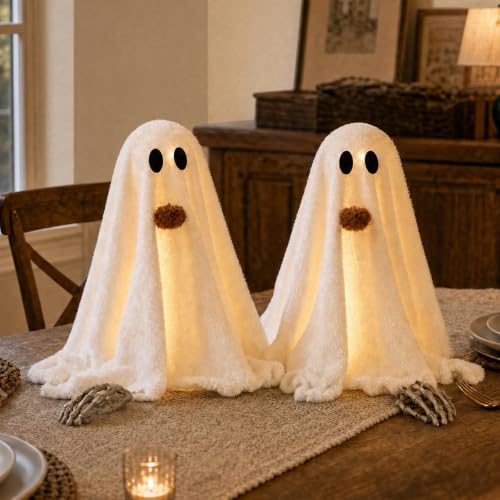 Halloween Decorations-2 Pack Light-Up Sherpa Ghosts with Pumpkin
