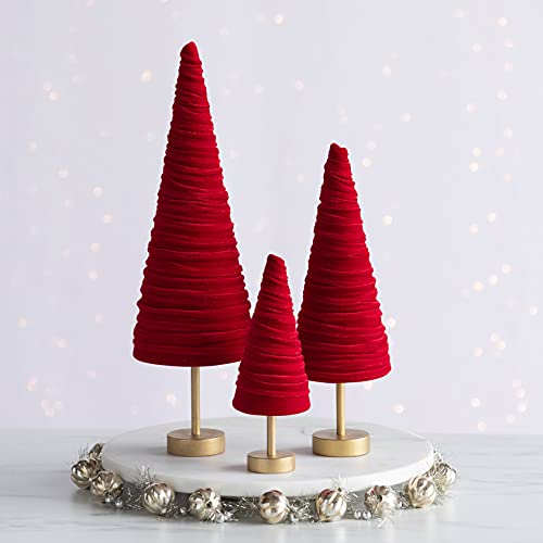 Red Velvet Pedestal Trees Set of 3, Made in USA, Classic Valentine Tabletop, Elegant Mantel Decor, Winter Wedding Centerpiece, Office Bookshelf (Red) - color: Red