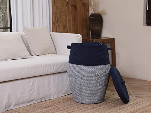 26"x20" Handcrafted Tall Cotton Rope Basket with Lid, Stylish Flagon Shape with Cover, Clothes Hamper with Top, for Bedroom and Living Room, Dark Blue Mix - color: Dark Blue Mix